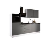 Ensemble de cuisine : trois tiroirs, cinq portes, huit étagères, couleur : blanc / gris mat, dimensions du meuble : l : 250 cm, H : 220 cm, P : 60 cm