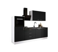 Ensemble de cuisine : trois tiroirs, cinq portes, huit étagères, couleur : blanc / noir mat, dimensions du meuble : l : 250 cm, H : 220 cm, P : 60 cm