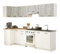 Ensemble de cuisine : un tiroir, onze portes, seize étagères, couleur : béton|blanc, dimensions du meuble : l : 300 cm, H : 203 cm, P : 46 cm