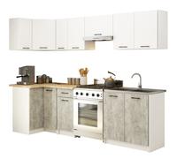 Ensemble de cuisine : un tiroir, onze portes, seize étagères, couleur : blanc | béton, dimensions du meuble : l : 300 cm, H : 203 cm, P : 46 cm