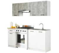 Ensemble de cuisine : un tiroir, sept portes, huit étagères, couleur : béton | blanc, dimensions du meuble : l : 180 cm, H : 203 cm, P : 46 cm