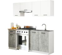Ensemble de cuisine : un tiroir, sept portes, huit étagères, couleur : blanc | béton, dimensions du meuble : l : 180 cm, H : 203 cm, P : 46 cm