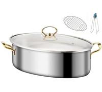 Ensemble de Cuisson Vapeur en Acier Inoxydable pour Poisson et Soupes, Comprenant Un RéCipient Ovale Multifonction avec Couvercle Een Verre, Grille, Casserole et Mandrin(First Floor)