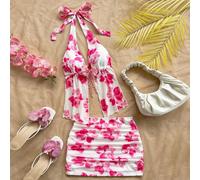 Ensemble de débardeur à fleurs avec nœud papillon et mini-jupe plissée, décoration de fleurs 3D, en maille tricotée. Convient pour la plage, les vacances, le style bohème. L,M,S,XL,XS,XXSImprimés aléa