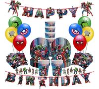 Ensemble de décoration d'anniversaire sur le thème des super-héros Marvel, Avengers, avec gobelets, assiettes, ballons, sacs cadeaux et bannière Joyeux Anniversaire, pour enfants garçons 99Pcs Set