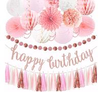 Ensemble de décoration de fête d'anniversaire, 22 pièces en or rose - Comprend des éventails en papier, des lanternes, des pompons et des pompons pour des événements joyeux