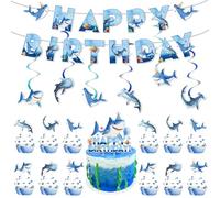 Ensemble de décoration de fête d'anniversaire en forme de requin bleu, bannière « Happy Birthday », tourbillons à suspendre, grande décoration de gâteau et de cupcake pour garçons, naissance, fête