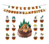 Ensemble de décoration de fête de camping « Welcome To Our Camping » - Banderole Happy Camper - Décoration de gâteau pour cupcake, tente de campeur, camping, anniversaire, fête sauvage