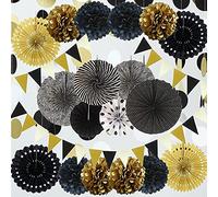 Ensemble de décoration de fête noir et doré, 21 éventails en papier à suspendre, fleurs à pompons, drapeaux en papier et ficelle à pois pour décorations de fête de mariage, d'anniversaire, de Noël
