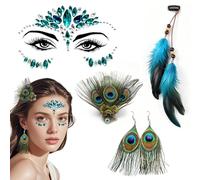 Ensemble De Décoration De Plumes De Paon 3 Pièces, 1 Autocollant De Visage En Diamant Vert, Boucles D'Oreilles Et Épingle À Cheveux En Plumes Rétro, Autocollant De Décoration De Mascarade.