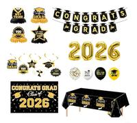 Ensemble de décoration de remise de diplôme 2026 - Kit de fête noir et doré avec bannière, ballons et nappe pour l'école pour fête unie (noir)