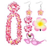 Ensemble de décoration hawaïenne pour femme - 7 pièces - Couronne de fleurs hawaïennes avec boucles d'oreilles - Barrette à cheveux - Lunettes - Accessoire hawaïen tropical pour Luau, fête, été, plage