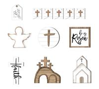 Ensemble de Décoration Plateau Étagé pour Pâques - Panneaux de Table en Bois en Forme de - 12 Pièces Ornement Il Est Ressuscité - pour Table Cuisine Séjour Entrée Étagère Cheminée Fête