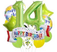 Ensemble de décoration vert pour 14e anniversaire, ballon en forme de cœur pour 14e anniversaire, bannière colorée « Happy 14th Birthday » pour filles, garçons, enfants, adultes, ballons de décoration