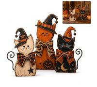 Ensemble de décoration vintage Halloween sorcière chat (A) | Lot de 3 figurines de chat rustiques avec chapeaux de sorcière, nœuds, cloches, lune et citrouille, décoration de table de