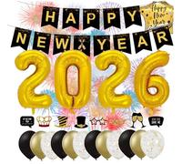 Ensemble de décoration XXL pour le réveillon du Nouvel An 2026 - avec des ballons, des banderoles, des ballons, des confettis, des accessoires photo comme décoration (Happy new Year 01)