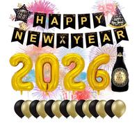 Ensemble de décoration XXL pour le réveillon du Nouvel An 2026 - avec des ballons, des banderoles, des ballons, des confettis, des accessoires photo comme décoration (Happy new Year 02)