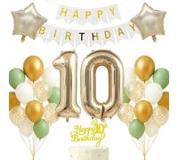 Ensemble de décorations de 10e anniversaire sur le thème doré clair, blanc, vert sauge, bannière « Happy Birthday » - Toile de fond pour garçons et filles - Toile de fond pour photos de 10 ans à