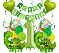 Ensemble de décorations de fête d'anniversaire dinosaure sur le thème vert, comprend une bannière « Happy Birthday », un ballon chiffre 1, des ballons dinosaures, des ballons en forme de cœur, des