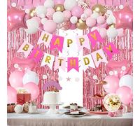 Ensemble de décorations de fête d'anniversaire rose - Bannière « Happy Birthday », rideaux à franges roses, ballons confettis en aluminium cœur et étoile, tourbillons à suspendre pour fête