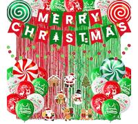 Ensemble de décorations de fête de Noël, bannière « Merry Christmas », ballons en aluminium, tourbillons suspendus, rideaux à franges métalliques rouges et vertes, guirlande à pois ronds