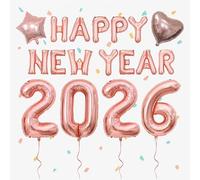 Ensemble de décorations de fête du Nouvel An 2026 en or rose avec ballons en aluminium XXL portant les chiffres, bannière « Happy New Year », ballons en forme d'étoile et de cœur, décoration NYE pour
