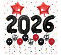 Ensemble de décorations de fête du Nouvel An 2026 Noir Rouge avec ballons XXL en feuille numérotés, ballons étoiles, bannière Happy New Year et guirlande de ballons pour la décoration de NYE
