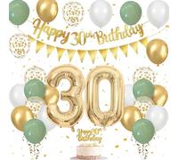Ensemble de décorations de fête pour 30e anniversaire - Ballons 30 ans avec ballons vert sauge, blanc et doré, bannière « Happy Birthday » et décoration de gâteau pour homme et femme