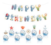 Ensemble de décorations de fête sur le thème de l'océan « Happy Birthday Under The Sea » - Comprend une étoile de mer, des coquillages, une bannière « Happy Birthday » - Décorations de cupcakes pour