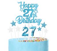 Ensemble de décorations de gâteau d'anniversaire bleues pour 27e anniversaire, bougies bleues en forme de chiffre 27, bougies bleues et argentées pour décoration de gâteau d'anniversaire pour filles,
