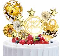 Ensemble de décorations de gâteau d'anniversaire en acrylique à paillettes avec confettis, éventails en papier, étoiles, feux d'artifice, décorations de cupcakes pour décoration sur le thème de l'or,