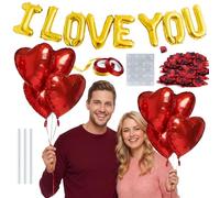 Ensemble de décorations de Saint-Valentin avec ballons dorés « I Love You », 14 ballons en forme de cœur rouge et 500 faux pétales de rose - Décorations romantiques pour la Saint-Valentin, un
