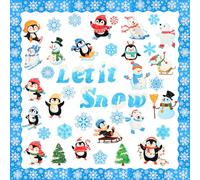 Ensemble de décorations de tableau d'affichage bleu d'hiver - Décoration de tableau d'affichage flocon de neige et adorable motif pingouin pour Noël, décembre, vacances, bureau, salle de classe, fête