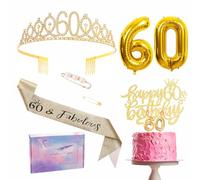 Ensemble de décorations dorées pour 60e anniversaire pour femmes - Diadème, ruban, ceinture, couronne, garniture de gâteau d'anniversaire, numéro 60 ballons en aluminium, bougies - paquet de fête