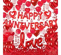 Ensemble de décorations « Happy Anniversary » rouge avec bannière « Happy Birthday » + ballons en forme de cœur/« Love » + pétales en soie pour la Saint-Valentin, un mariage, une fête prénuptiale, une
