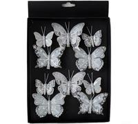 Ensemble de décorations papillon à plumes pour décoration de sapin de Noël - Papillons multicolores en tissu noir et or, pour champagne, vert paon, rose, argent, rouge - (argent)