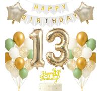 Ensemble de décorations pour 13e anniversaire - Or clair, blanc, vert sauge, bannière « Happy Birthday » - Toile de fond pour photos pour garçons et filles - 13 ans - Fournitures officielles pour fête