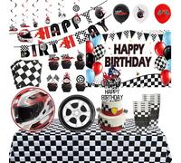 Ensemble de décorations pour fête d'anniversaire sur le thème des voitures de course et des motos, assiettes, gobelets, nappe, ballons, décoration de gâteau, bannière joyeux anniversaire, fournitures