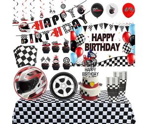 Ensemble de décorations pour fête d'anniversaire sur le thème des voitures de course et des motos, assiettes, gobelets, nappe, ballons, décoration de gâteau, bannière joyeux anniversaire, fournitures