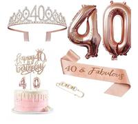 Ensemble de décorations pour le 40e anniversaire Rose Gold - Couronne tiara d Décoration gâteau Bougies numérotées 40 Écharpe Cadeaux fête des femmes