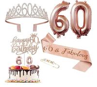 Ensemble de décorations pour le 60e anniversaire - Couronne tiara d Décorateur gâteau Bougies numéro 60 Écharpe fête rose or les cadeaux femmes