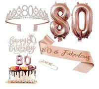 Ensemble de décorations pour le 80e anniversaire - Couronne Tiara Écharpe d Décoration gâteau Bougies numérotées 80 Fournitures fête rose or Cadeau femmes