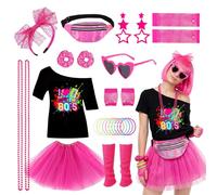 Ensemble de déguisement des années 80 en 27 pièces, accessoires, robe de soirée disco, lumière néon des années 90, T-shirt, tutu, bracelet, sac de taille, lunettes, bracelet, colliers, jambières, pour