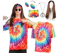 Ensemble de déguisement hippie pour hommes et femmes - 60, 70, 80 ans - Tenue hippie avec T-shirt, lunettes hippies, chaîne de paix, perruque, bandeau, vêtements de disco hippie pour carnaval