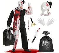 Ensemble de déguisement Terrifier pour homme, costume de clown d'horreur d'Halloween - Combinaison noire et blanche avec taches de sang artificiel | Couvre-chef | Gants blancs | Cloche de Noël (XXL)