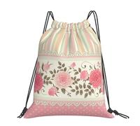 Ensemble de dentelle florale vintage à pois roses et rayures neutres, style shabby chic.,Sac à dos à cordon unisexe, sac de sport, sac de gym, sac à dos décontracté.