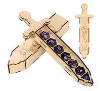 Ensemble de dés et d'épées pour jeux de rôle, 7 dés polyédriques violets, Objet de collection en forme d'épée en bois, Boîte de rangement D&D, Boîte de rangement D20 Dragon, Coffret cadeau DND