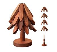 Ensemble de Dessous de Plat en Bois Résistant à la Chaleur en Forme d'arbre de Noël avec 4 Dessous de Plat en Bois (22cm) et 1 Support (22x10cm), pour Poêles, Casseroles, Couverts et Tasses