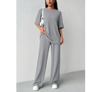 Ensemble de détente 2 pièces pour femme avec haut à manches courtes et col rond et pantalon long assorti, silhouette ajustée, style décontracté au quotidien