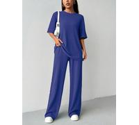 Ensemble de détente 2 pièces pour femme avec haut à manches courtes et col rond et pantalon long assorti, silhouette ajustée, style décontracté au quotidien